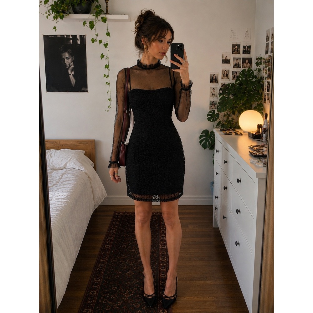 Zara Trafaluc Black Mesh Lace Mini‎ Dress Women M NWOT Sheer Goth Party